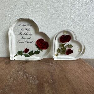 Pair (2) Clear Acrylic Decorative Hearts with Wife Quote‎ and Inset Red Roses